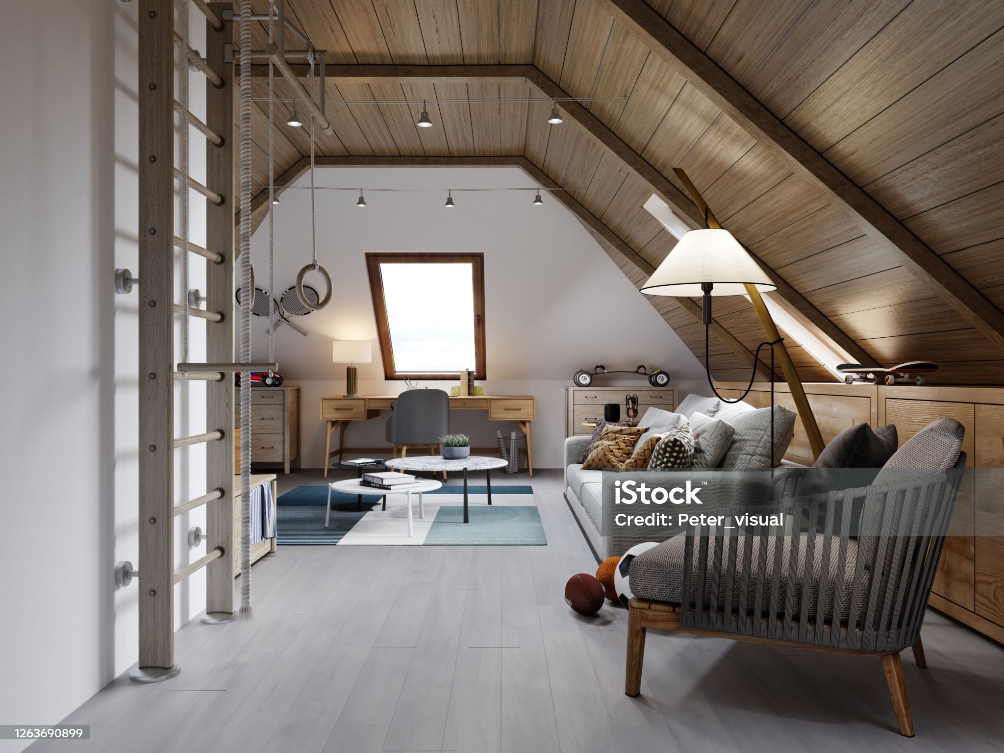 The design of the children's room for the teenager on the attic is in the loft style, the ceiling is hemmed with wood and the walls are white. 3D rendering.